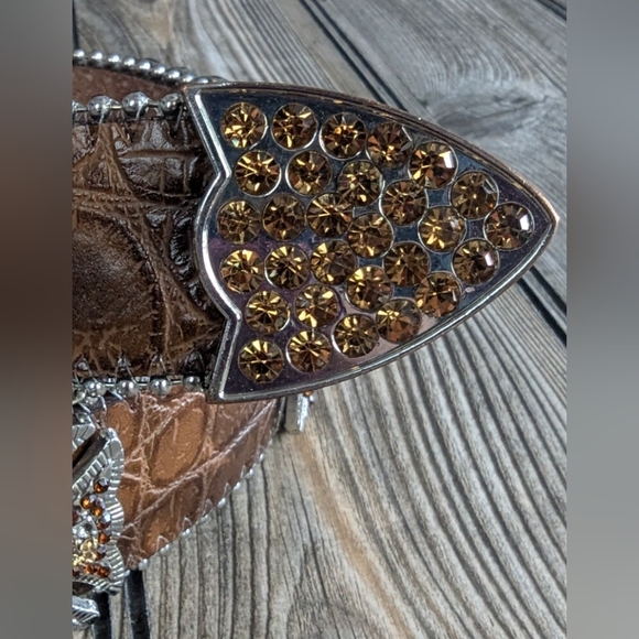 Moc-crocodile Leather Belt Amber Crystals And Crosses Excellent Condition - Picture 5 of 14